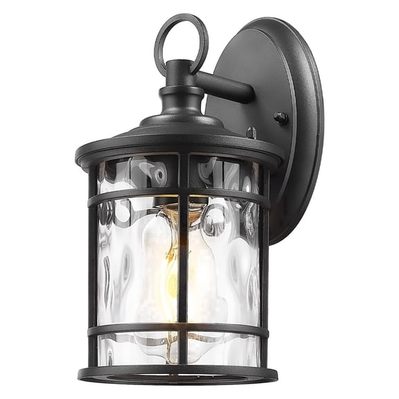 Emliviar 11.4" Outdoor Light Wall Mount for Porch, Black Finish Aluminum, Water Ripple Glass, XE229BS BK-WG