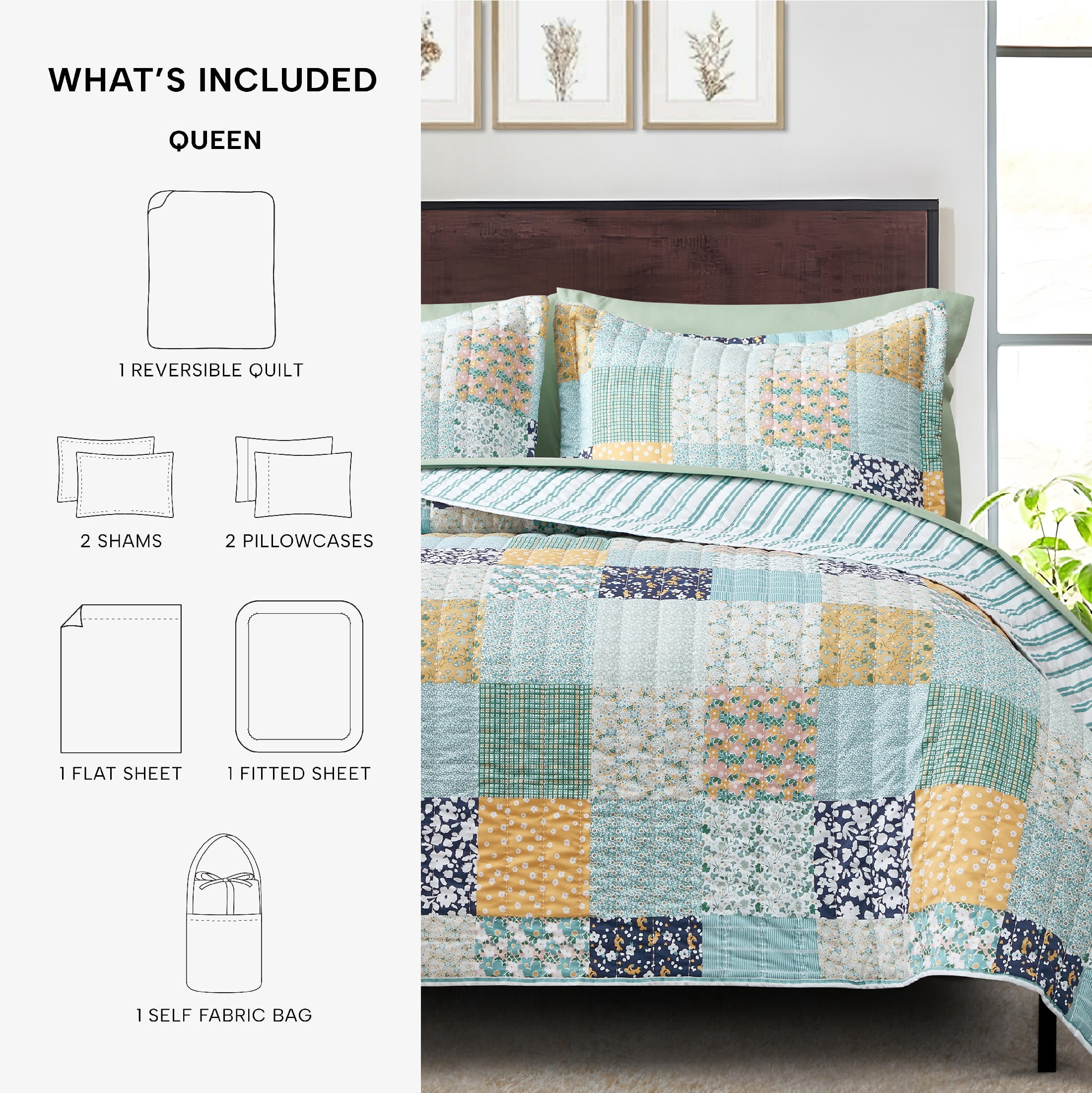 Mainstays All in One Lightweight Quilt and Sheet Set, 7-Piece, Queen, Patchwork