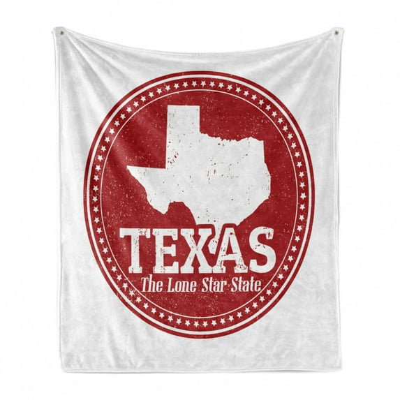 Texas Star Soft Flannel Fleece Blanket, Vintage Stamp Pattern Map and the Lone Star State Written in Circular Frame, Cozy Plush for Indoor and Outdoor Use, 60" x 80", Ruby and White, by Ambesonne