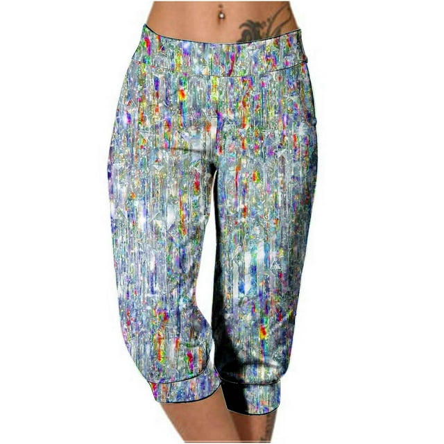 Mujeres Capri Pantalones Casual Suelto Largo Pantalones de Impresión con Corbata Elástica Cintura Y Bolsillos
