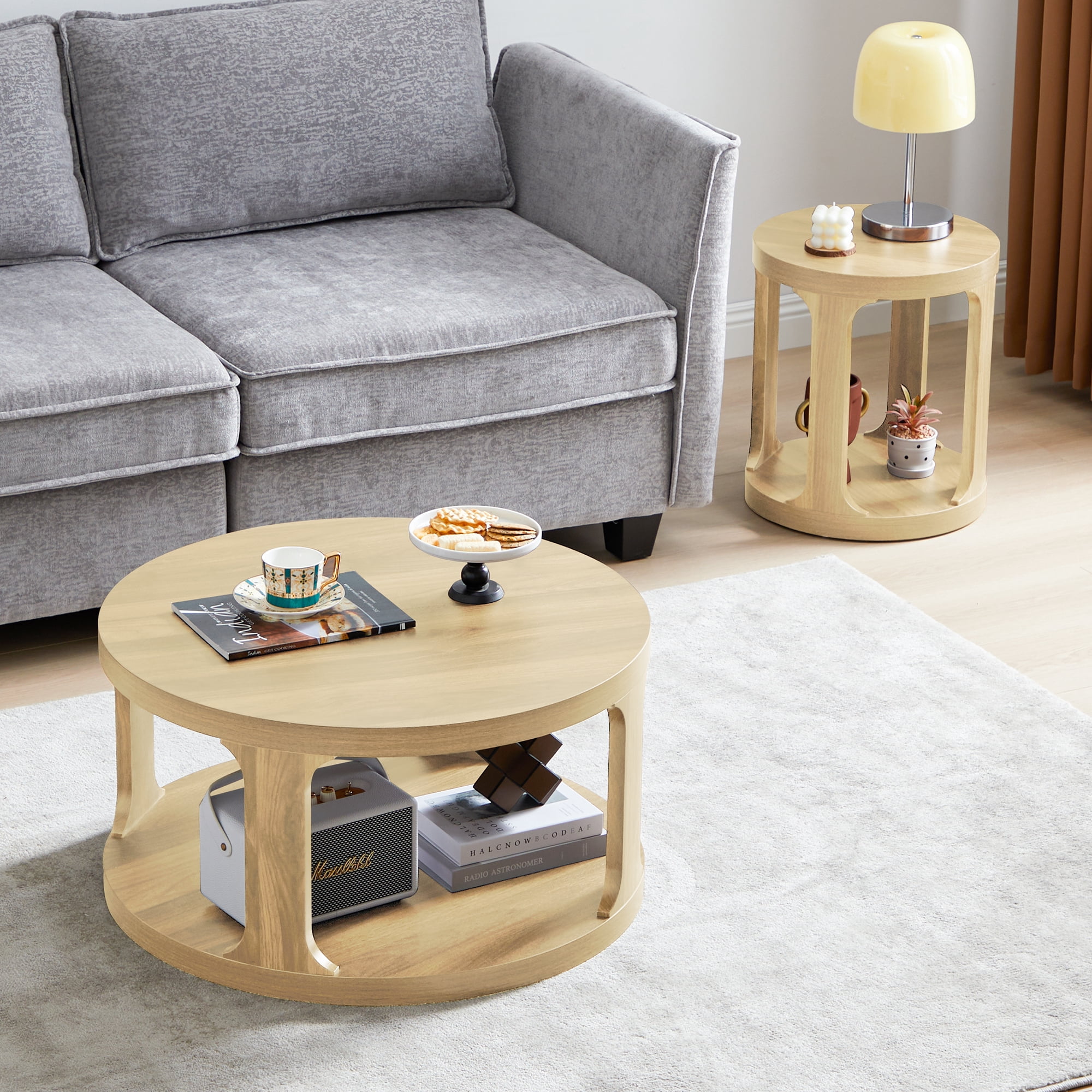 Weselon Wood  Nesting Coffee Table Set of 2, Natural Round Coffee Table with 2-Tier Storage Shelf, Rustic Center Table, Circle Coffee Table for Living room Bedroom, Small Table for Small Space