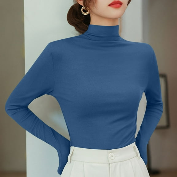 Blmnix Blue Women Casual Tops Soft Novelty Fall Basic Women Shirts Long Sleeve High Neck Tops