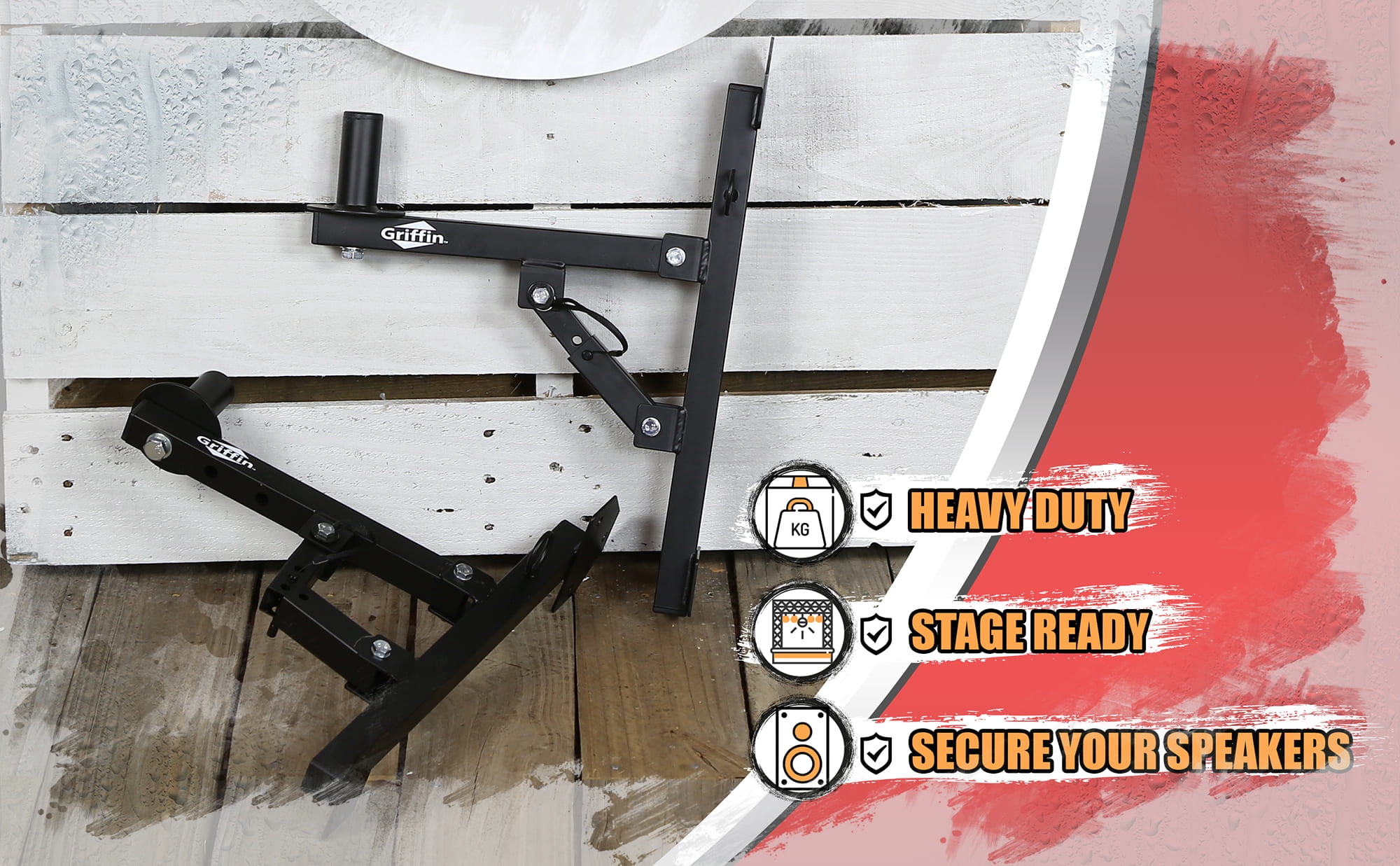 PA Speakers Wall Mount Brackets By Griffin Set Of 2 All Steel Pro-Audio Speaker 35mm Pole Holder Securing Locking Pin & 3 Horizontal Level Tilt Adjustments On Stage Studio Monitor Stands