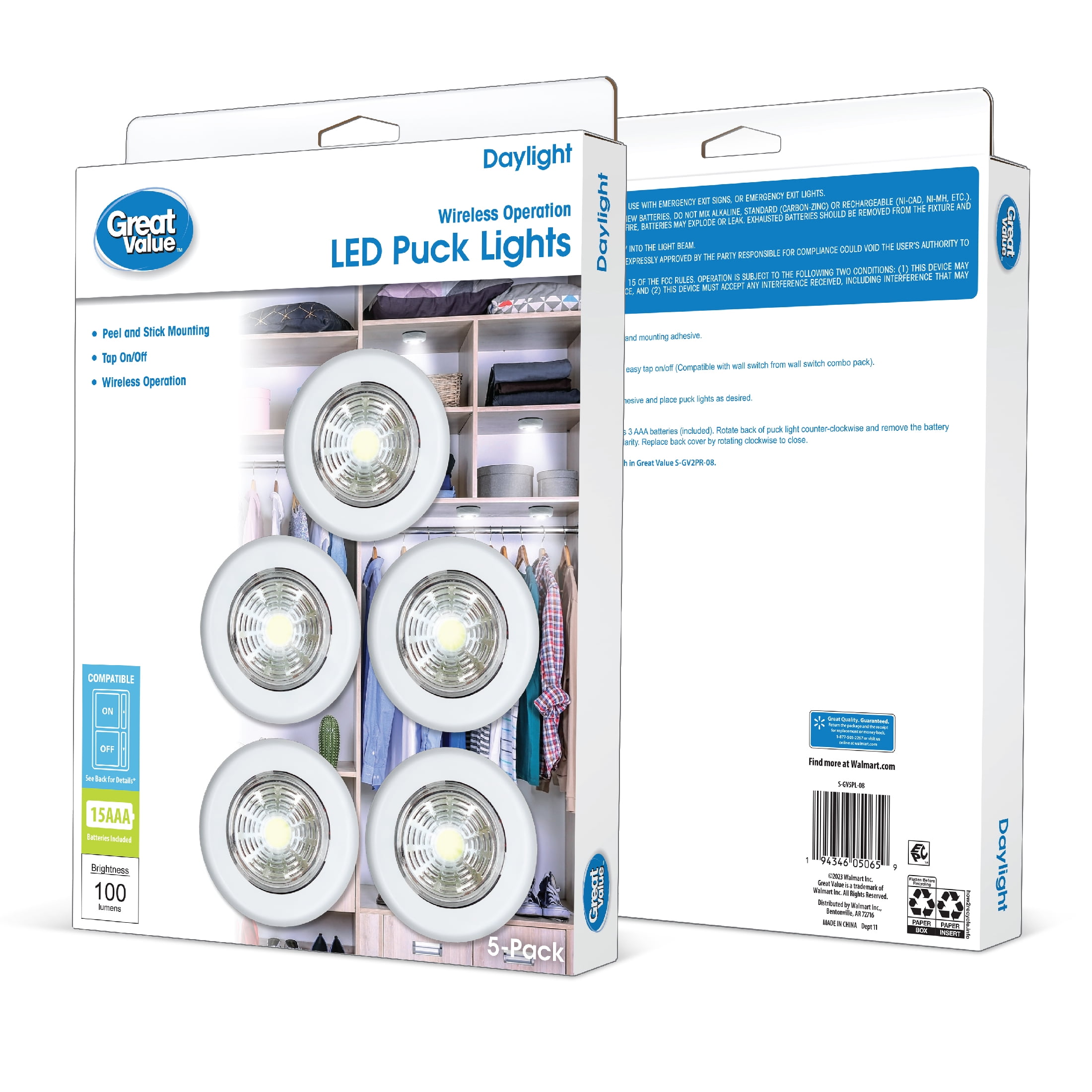 (3 pack) Great Value 100 Lumens Wireless LED Puck Lights - 5 Pack
