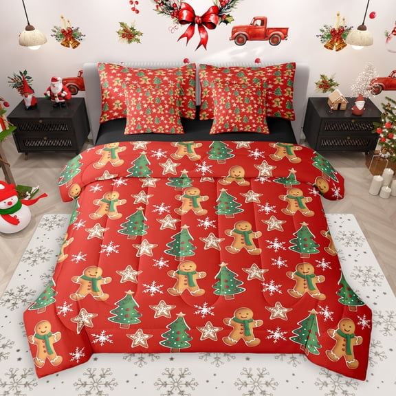 Manfei Kawaii Gingerbread Man 7-Piece Twin Bedding Sets,Green Christmas Tree Bedding Comforter Set,Red Brown Green Sheet Sets For Girls Kids,Breathable Home Decor Reversible