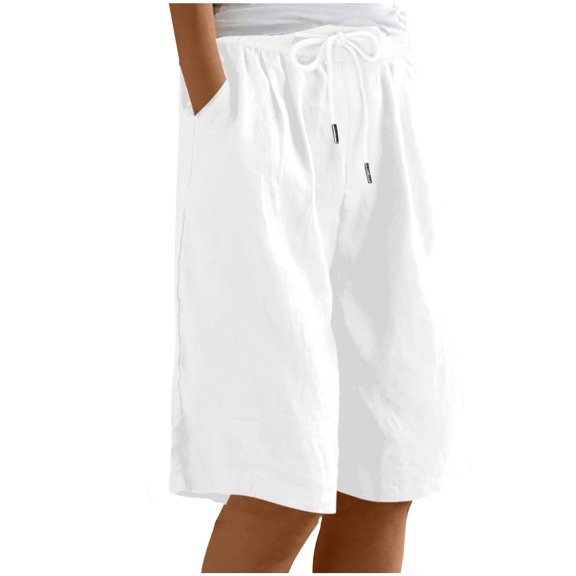 Iugvhana Womens Casual Cotton Linen Shorts Elastic Waist Drawstring Relaxed Fit Shorts Straight Leg Breathable Summer Lounge Shorts with Pocket White L