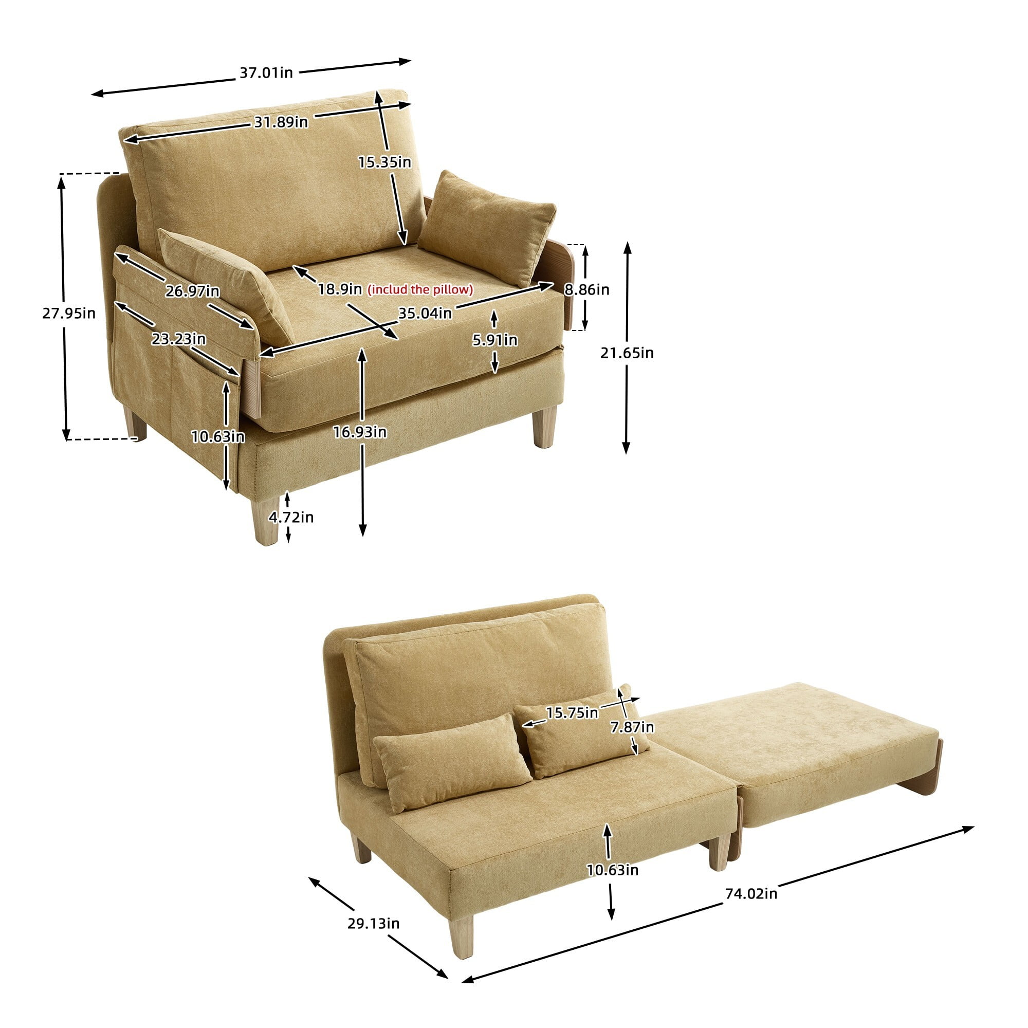 AENKYO 3-in-1 Convertible Sofa Chair, Modern Foldable Sleeper Bed for One, Suits for Living Room, Bedroom, Soft Yellow