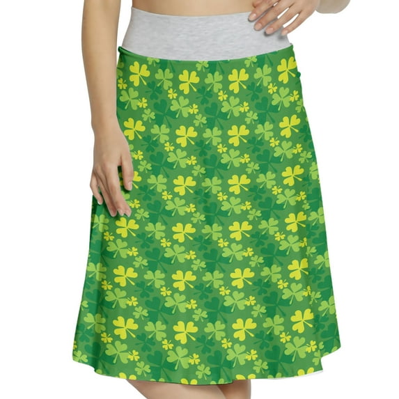 Women's Shamrock Silhouette Clover Motif A-line Printed Skirt Casual Wear, 2XL, Green Dark Green Yellow, by Ambesonne
