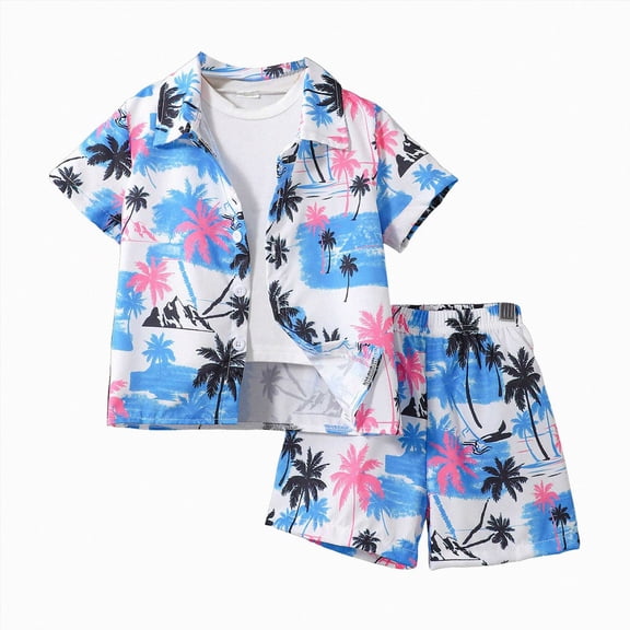 Toddler Outfits for Boys Hawaiian Print Short Sleeve Shirt and Comfy Shorts Set Cute Summer Vacation Clothes