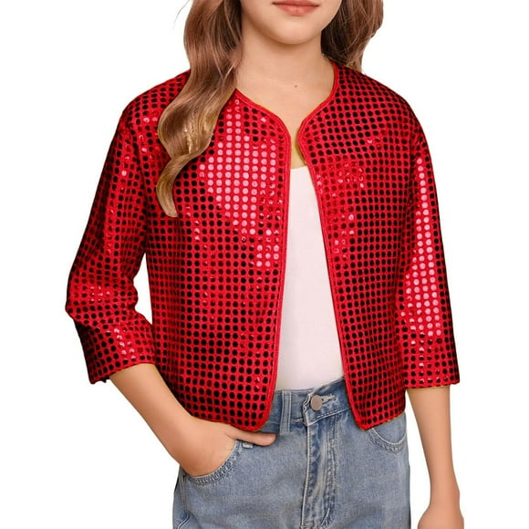 Red Baby Jacket for Children Boy Girl Fall Winter Long Sleeve Sequin Sparkly Cheerleader Dance Cosplay Costumes Cardigan Jackets Outfit Kid 7 Years