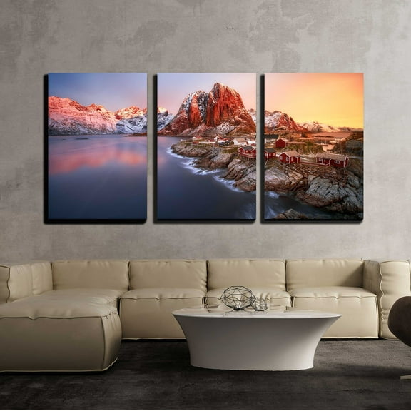 wall26 - 3 Piece Canvas Wall Art - Sunrise Over Hamnoy, Lofoten Islands, Norway - Modern Home Art Stretched and Framed Ready to Hang - 16"x24"x3 Panels