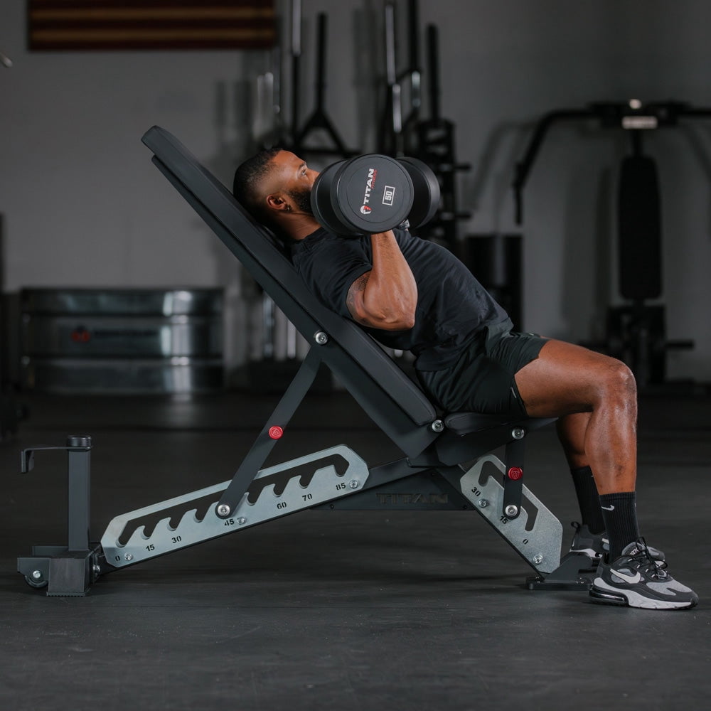 Titan Fitness TITAN Series Single Post Adjustable Bench, Supports 600 LB Incline, 1,000 LB Flat, Versatile Utility Bench for Home Gym Weightlifting Strength Training, 2.5" Thick HeftyGrip Vinyl Pad
