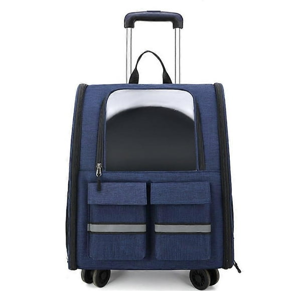 Pet Trolley Backpack Adjustable Height Carrier On Wheels Airline Approved Detachable Trolley For Cats And Dogs Blue