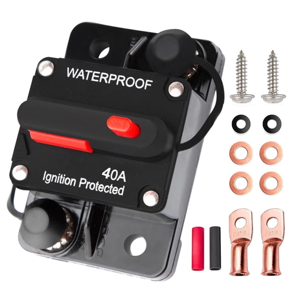 Disjoncteur de 40 Ampères à Remise à Zéro Manuelle, Étanche, Fusible en Ligne, Onduleur pour Voiture, VTT, Marine, Traîne, Moteurs, Bateau, Protection d'Alimentation 12 V-48 V C.c., avec Écrous de Fil, Rondelle en Cuivre, Vis