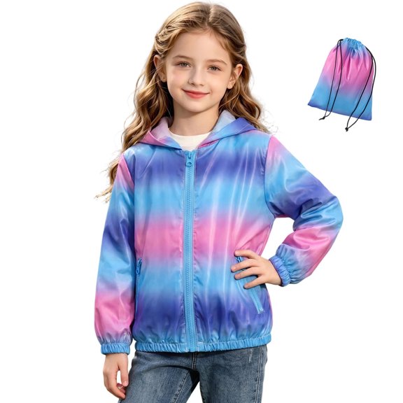THDHVS Hoodies for Girls,Unisex Kids Gradient Print Zip Up Windbreaker Jacket Hooded Lightweight with Stuff Sack,Girls Hoodies Blue 3-4 Years
