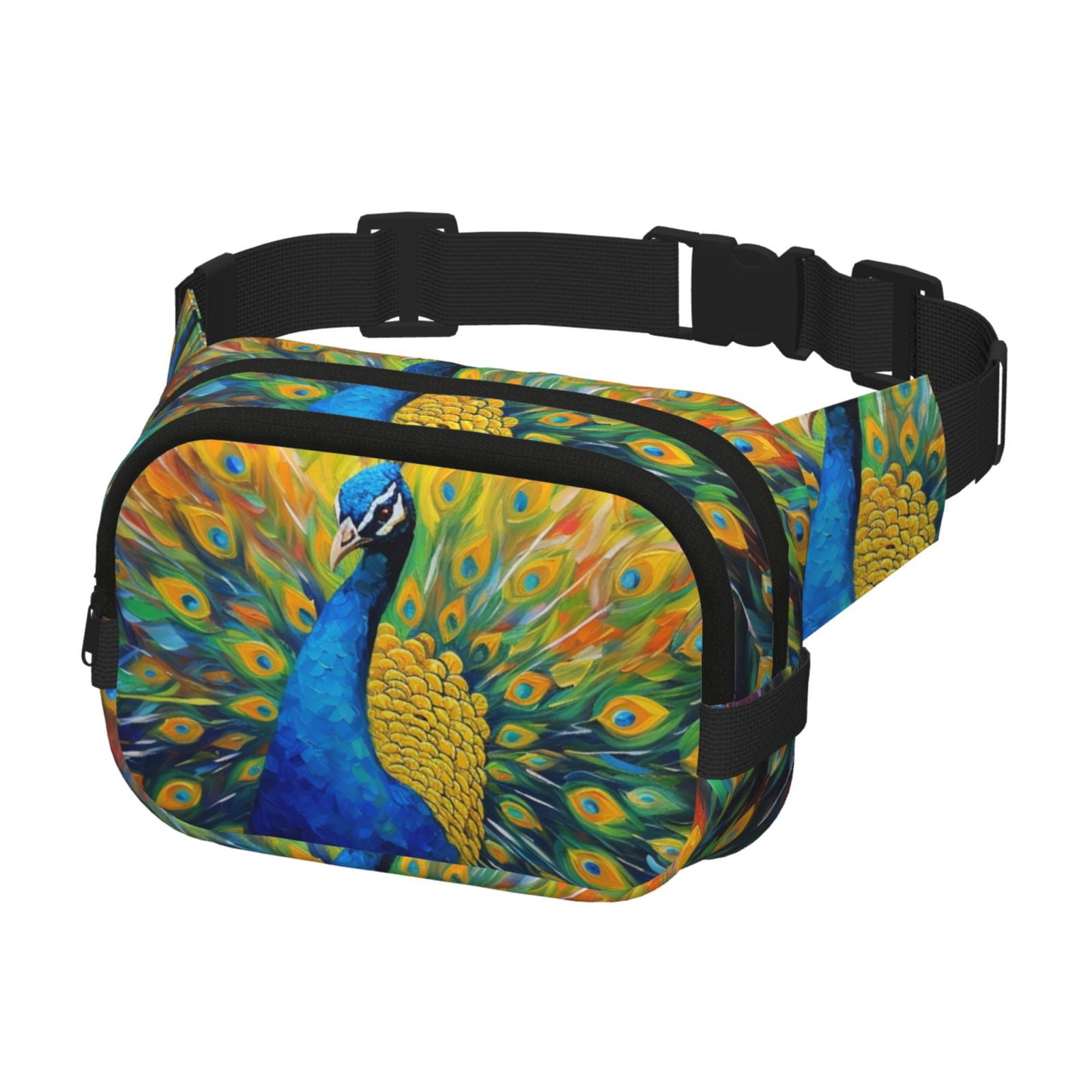 Picia Peacocks Print Square Double-Layer Waist Bag Mini Adjustable Waist Belt Bag Exercise Running Travel Hiking