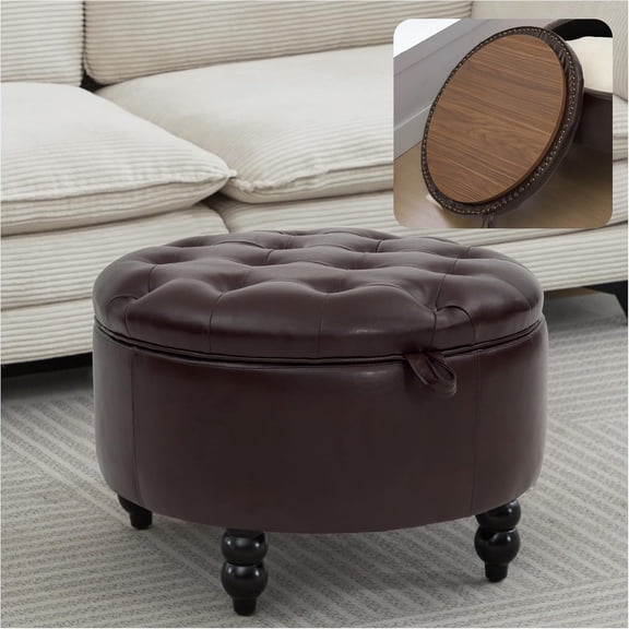 30 Inch Faux Leather Round Storage Ottoman with Tray, Modern Upholstered Tufted Coffee Table with Storage, Large Ottoman Footrest Stool for Living Room, Bedroom, Dorm, Light Brown