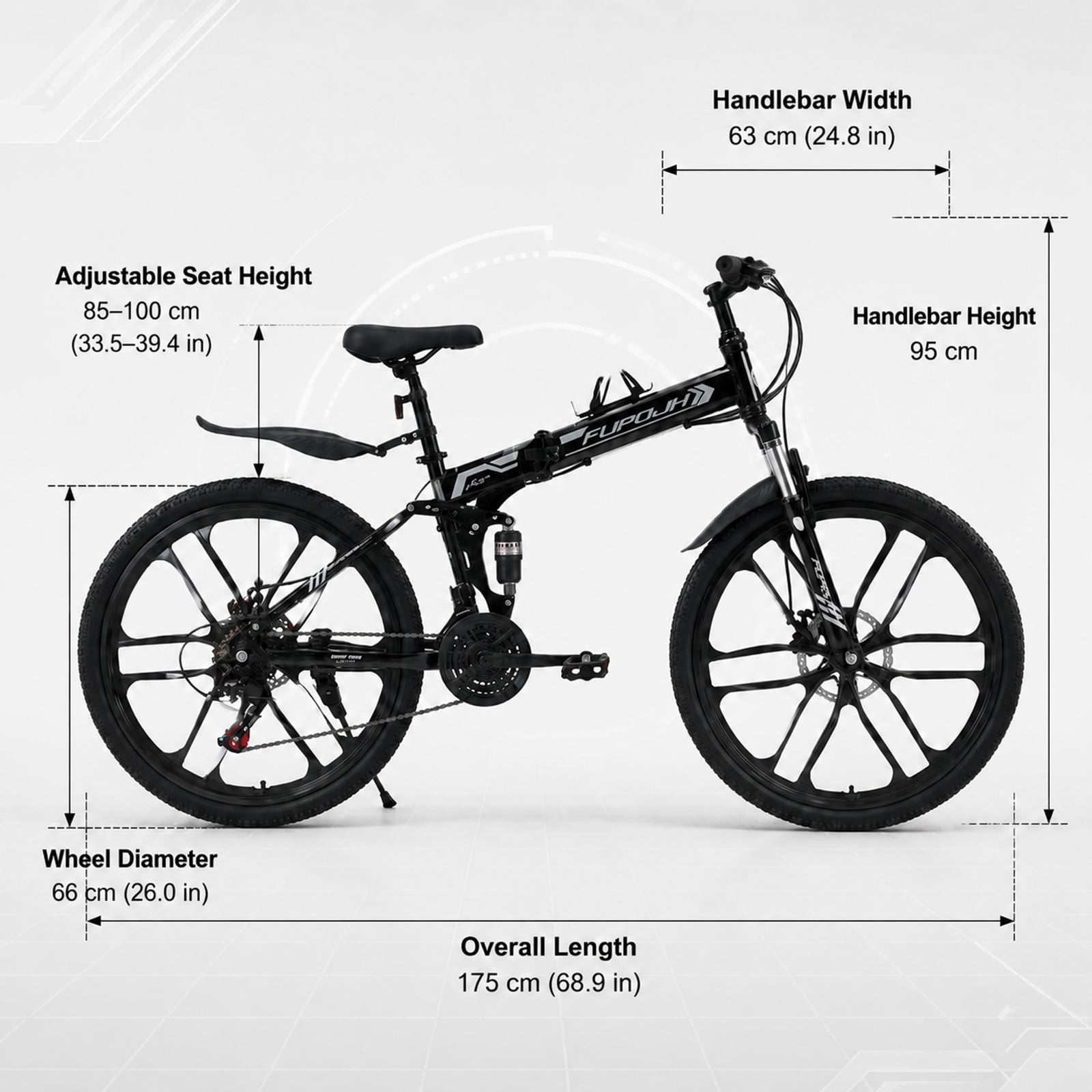 FUPOJH 26" Folding Mountain Bike for Men & Women,21 Speed,Dual Disc Brakes,Dual Suspension,Black