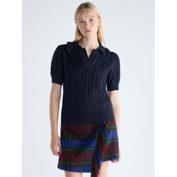 Free Assembly Women's Ruffle Collar Sweater with Short Sleeves, Midweight, Sizes XS-XXL