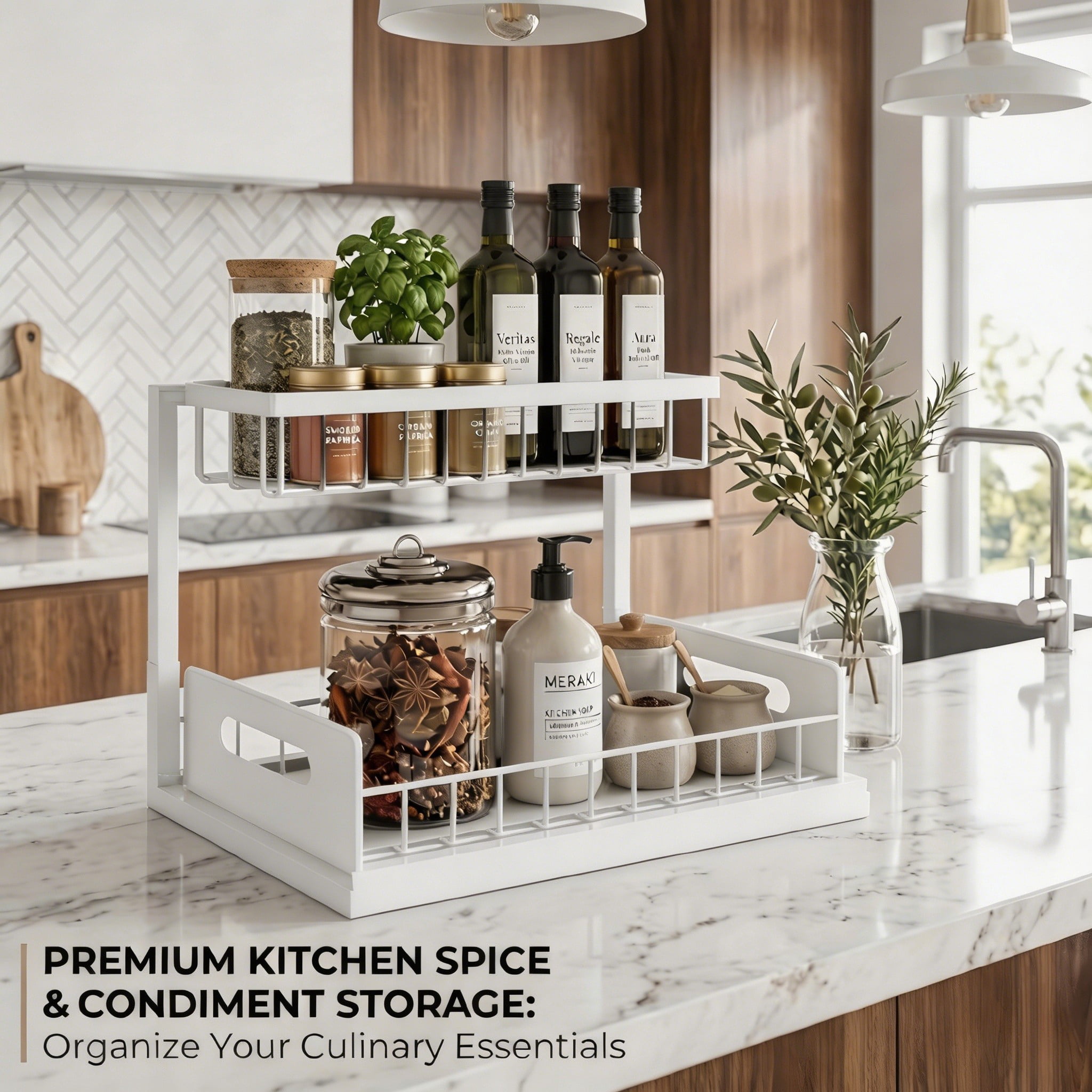 L-Shaped Under Sink Organizer, 2 Tier Pull Out Cabinet Organizer, Heavy Duty Metal Storage with Slide Out Drawer, Holds 50 Lbs, Rust-Proof Bathroom & Kitchen Sink Rack, White