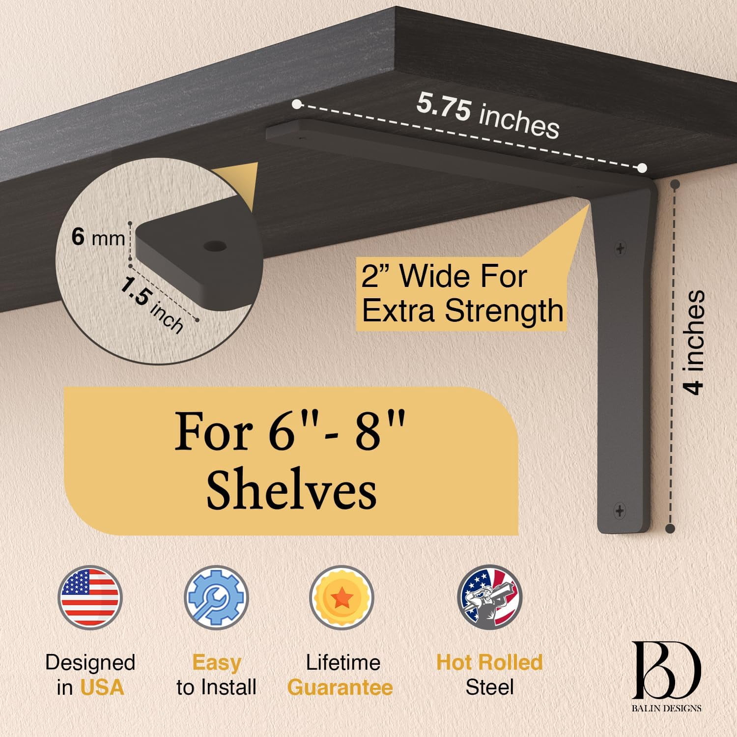 Heavy-Duty Viva L Mantel Shelf Brackets by Balin Designs (Black) DIY Brackets with Mounting Hardware for 6"- 8" Shelves, Ideal for Fireplace, Granite Countertops, Bookshelves (Set of 4)