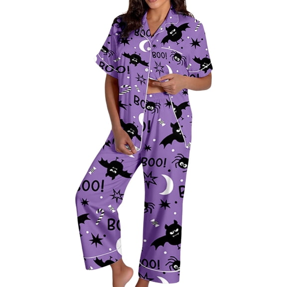 Muxikeji Clothes Halloween Pajamas for Women Plus Size,Pajamas for Women Set Cotton Long Sleeve,Halloween Pumpkin Print Short Sleeve Shirts and Long Pants Women'S Pajama Set for Sleepwear Pj