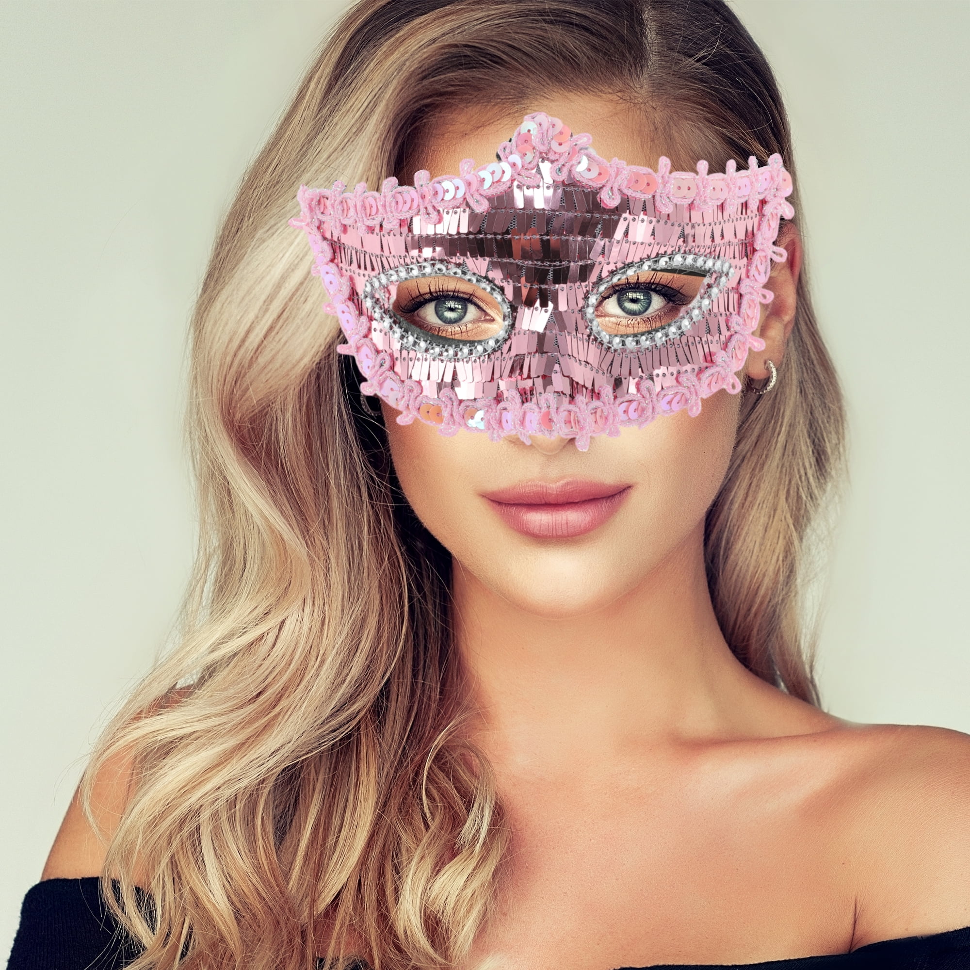 Unique Bargains Elegant Crystal Beaded Half Face Party Mask Pink