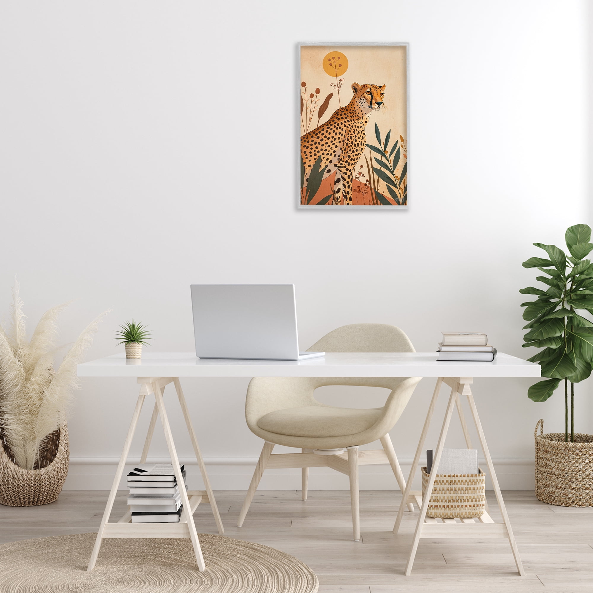 Stupell Industries Cheetah & Boho Plants Animals & Insects Painting Gray Framed Art Print Wall Art, 16 x 24