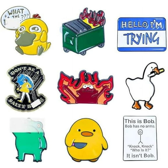 YJ PREMIUMS 9 PC Funny Pins Fun Enamel Pin Set Sarcastic Cool Cute Metal Lapel for Adults Backpacks Bag Hat Lanyard Buttons Vest This is Fine Dumpster Salty Duck Goose Novelty Accessories
