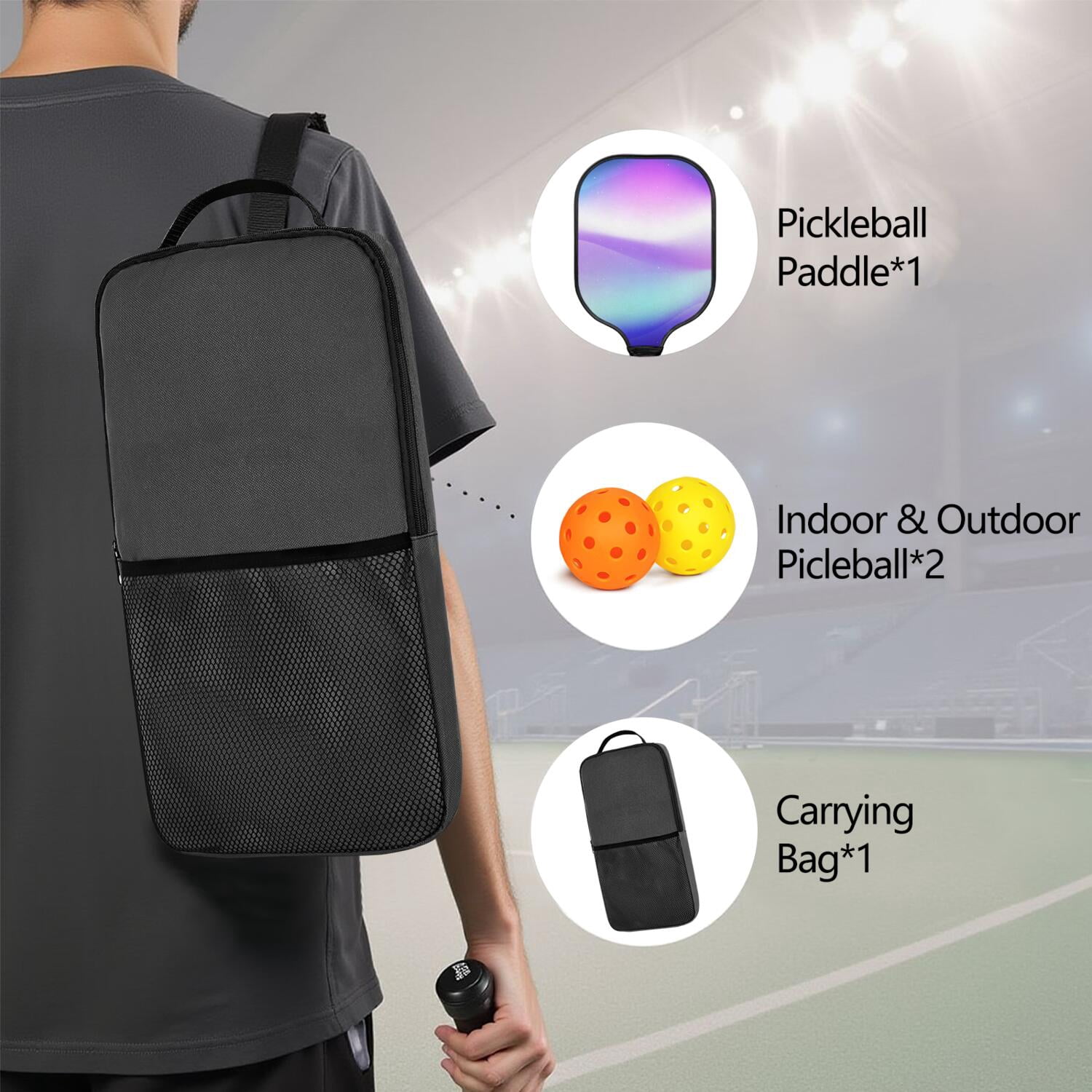 Pickleball Paddles Set Of 1, Fiberglass Surface, Fluid Smoke Aurora Art Style, 1 Paddle, 2 Balls & Bag
