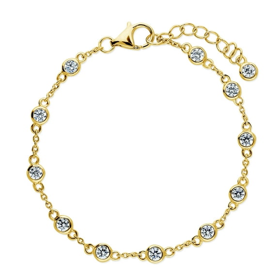 BERRICLE Sterling Silver Station Bracelet for Women, Cubic Zirconia CZ, Clear, Gold Flashed