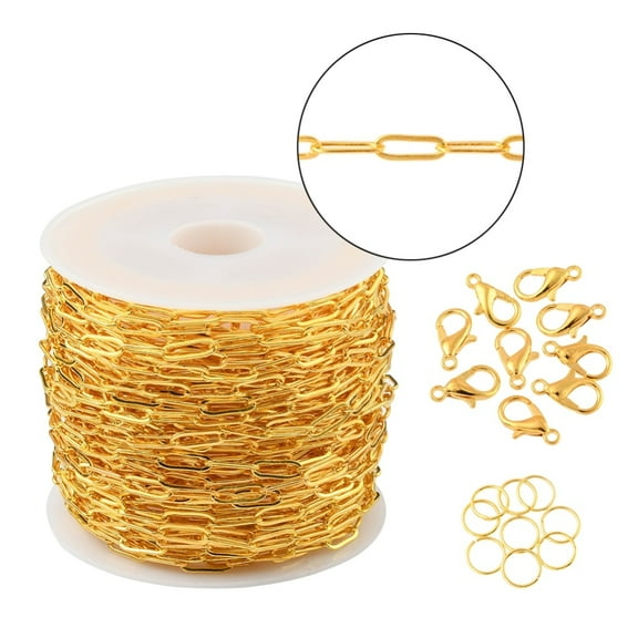 1Bag DIY Paperclip Chain Necklace Making Kit Including Brass Paperclip Chains & Jump Rings Zinc Alloy Lobster Claw Clasps Golden Chain: 7.5x3x0.5mm 32.81 Feet(10m)/roll 1roll/bag
