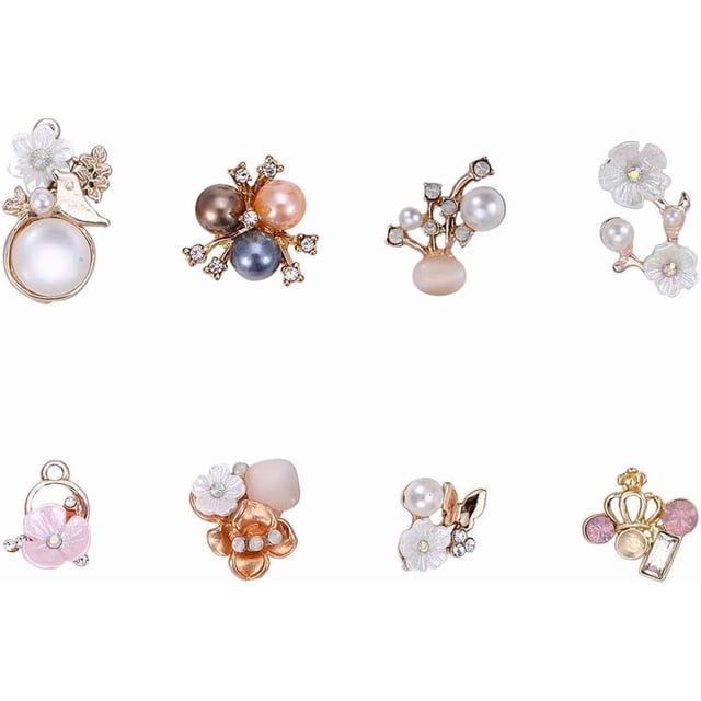 16 colgantes de flores de resina con diamantes de imitación de 8 estilos, cuentas de perlas de aleación para pulseras, collares y joyas.