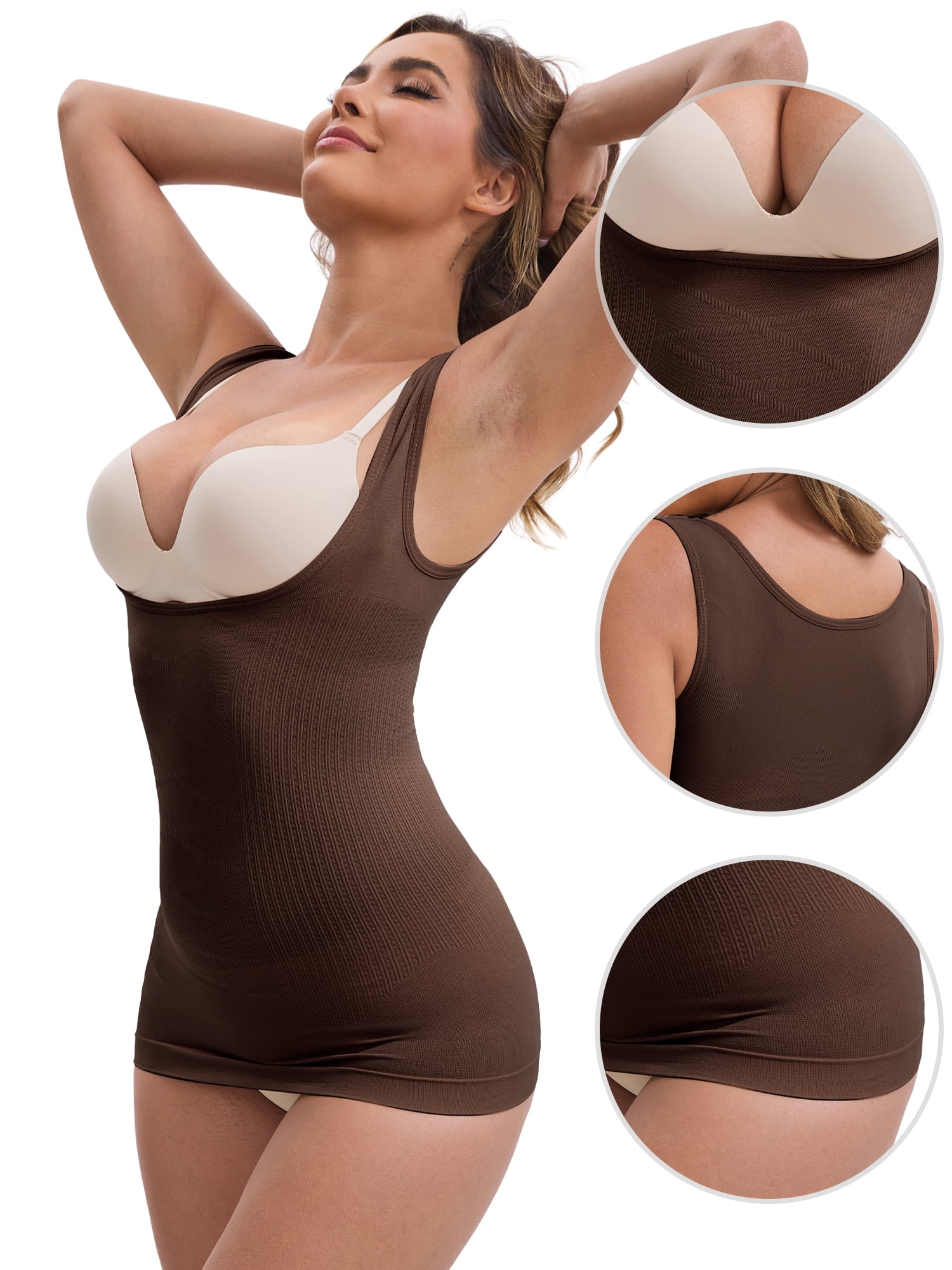 DARING DIVA Women's Seamless Shapewear with Open Bust and Tummy Control L Dark Brown