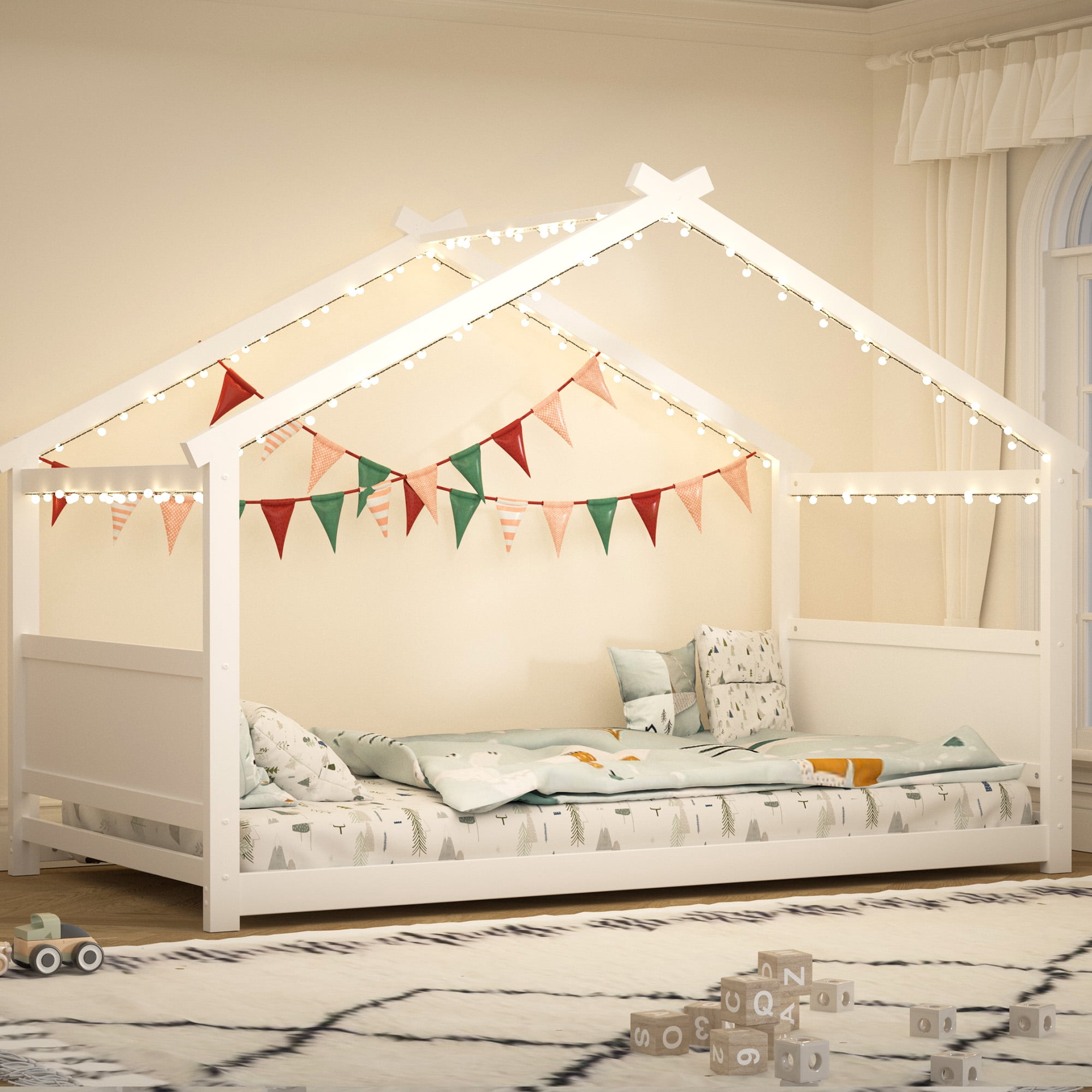 Joywind Twin Solid Wood House Floor Bed Frame with Safety Guardrails, Kids Bed for Boys Girls