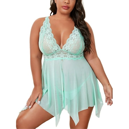 

Glonme Ladies Lingerie Deep V Neck Plus Size Babydoll Lace Sheer Chemise Sleepwear See Through Women Cross Back Floral Mesh With Panties Mint Green 2XL