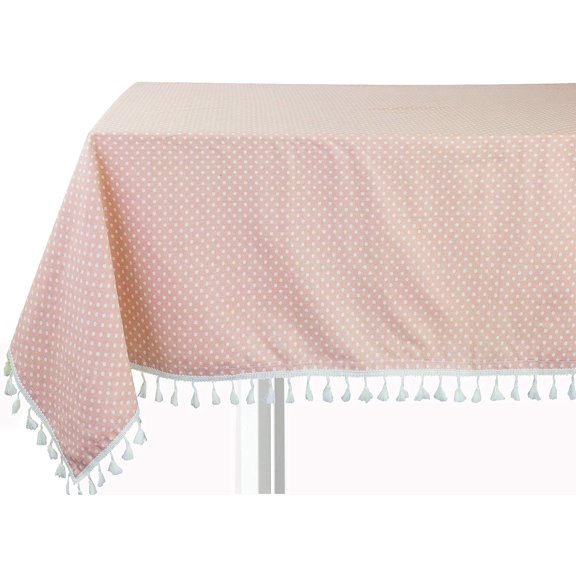Fennco Styles Polka Dots Tassel Cotton Blend 55 x 55 Inch Tablecloth - Pink Table Cover for Banquets, Holiday, Special Events, Outdoor and Home Dcor