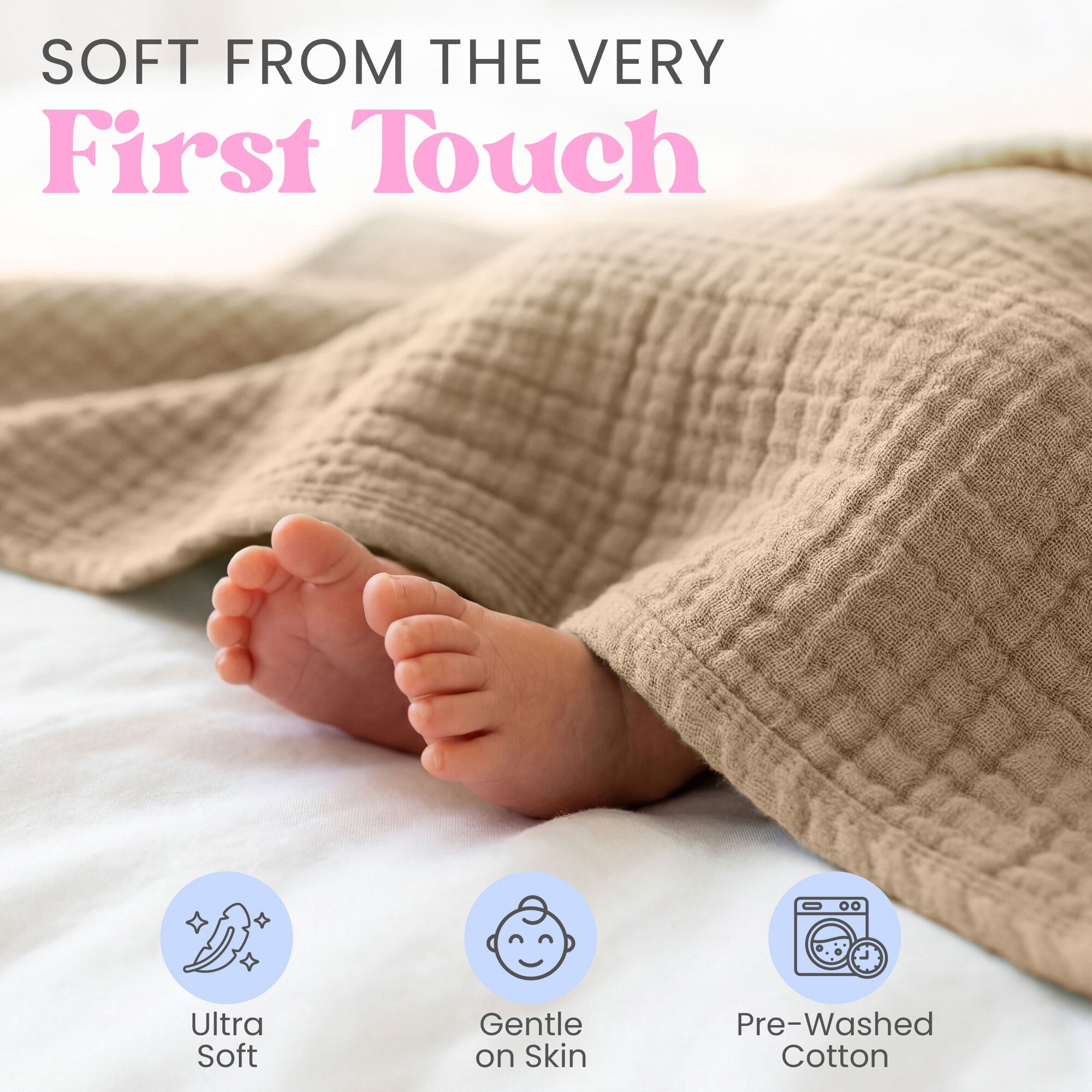 Mère & Moi: Muslin Baby Blanket – 2 Pack, Sand & Cream - 40x36", Double Layer Cotton Swaddle, Lightweight-Breathable, Oeko-TEX, Newborn-Toddler Wrap