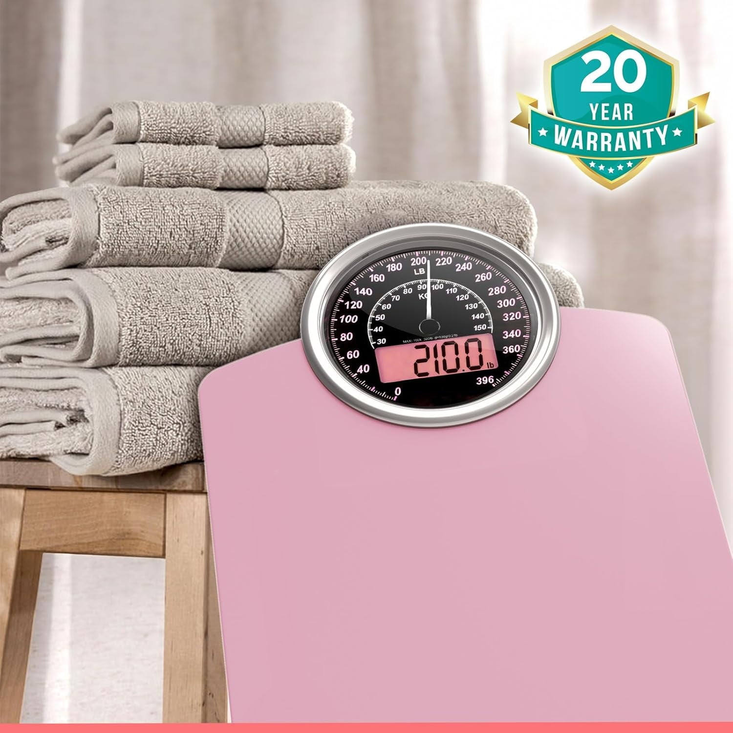 2-in-1 Analog & Digital Weighing Scale for Body Weight up to 400lbs - Thick Tempered Glass - Extra Large Display - Easy to Read Digital Bathroom Scale - New - Pink