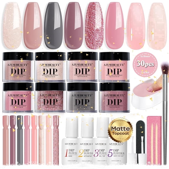 Azurebeauty 30Pcs Dip Powder Nail Kit Starter with 8 Jelly Nude Pink Colors, Matte Top Coat, Recycling Tray & Nail Sticks for Salon & DIY