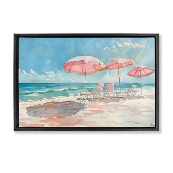 Stupell Industries Coastal Pastel Pink Watercolor Beach Black Floating Frame Canvas Art, 25 x 17, by LSR Design Studio