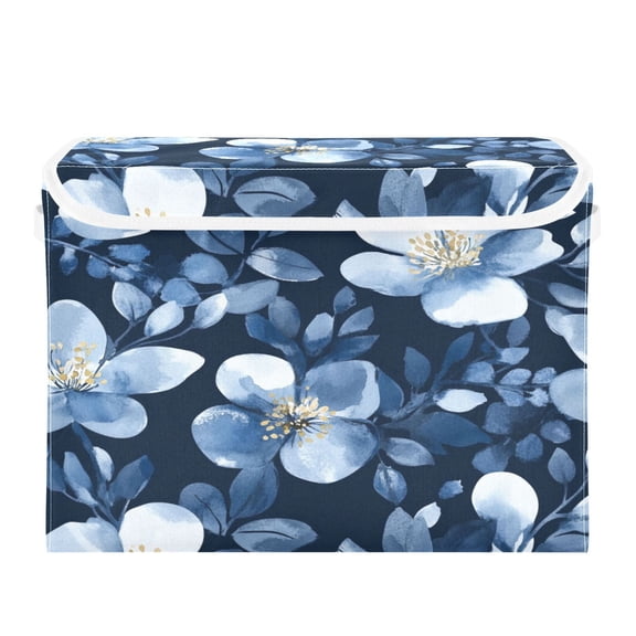 Storage Box With Lid 16.5x12.6x11.8In Foldable Stacked Household Storage Box Dark Blue Flower