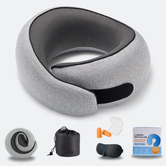 Almohada de viaje para el cuello, almohada de espuma viscoelástica pura para aviones, cómoda funda transpirable, soporte de 360 ​​grados, diseño ergonómico, ideal para dormir, avión, tren, viajes