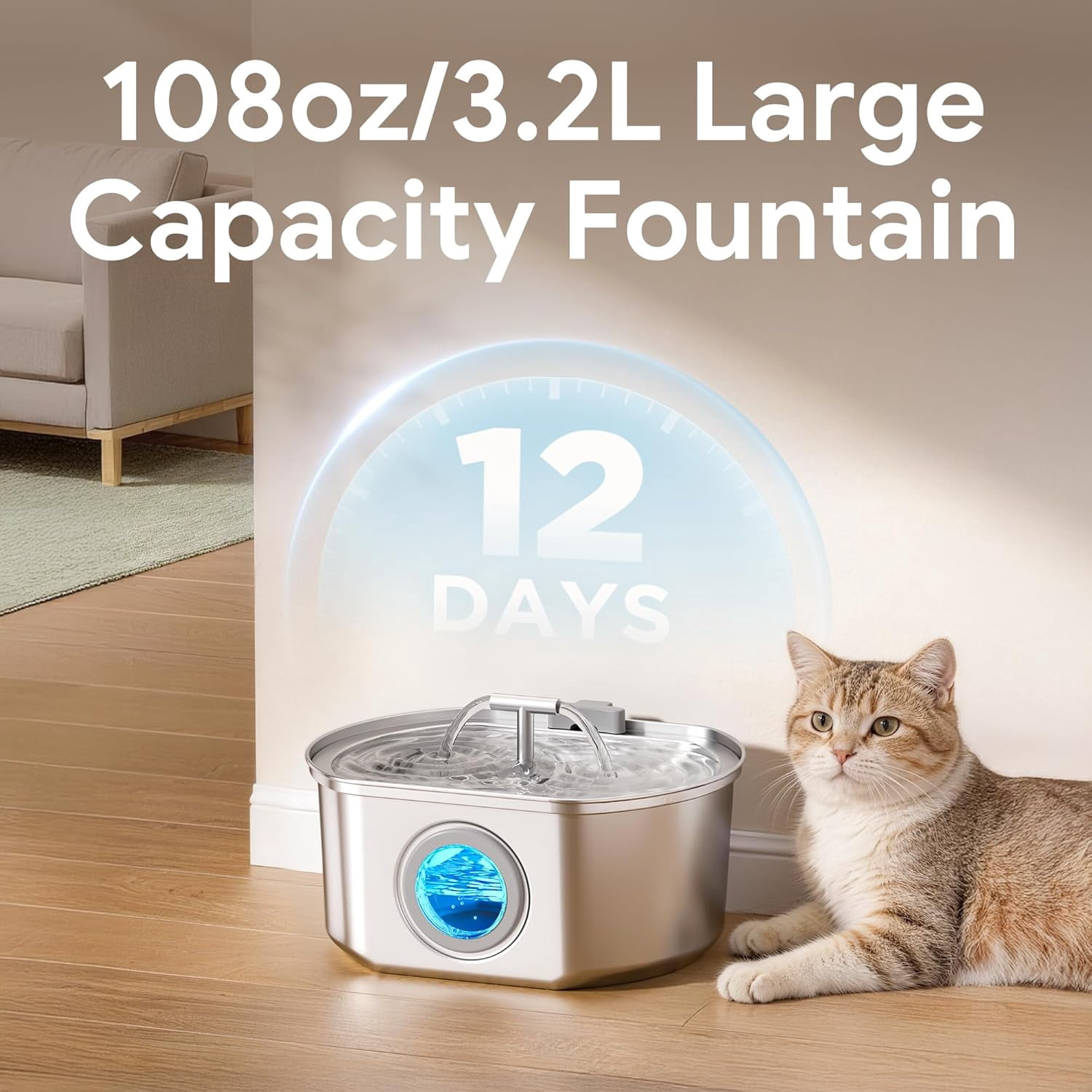 Stainless Steel Cat Water Fountain with Water Level Window - 3.2L/108oz Automatic Pet Drinking Dispenser (Includes 1 Filter)