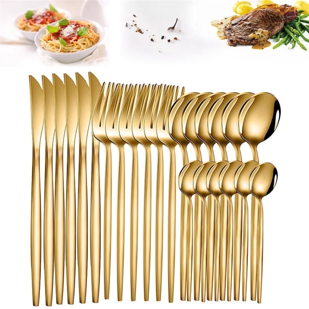 Myvit Juego de Cubiertos Negro y Dorado Juego Flatware de Cubiertos de Acero Inoxidable de 24 Piezas, Cuchillos, Tenedor, Cuchara, Servicio de Vajilla para 6