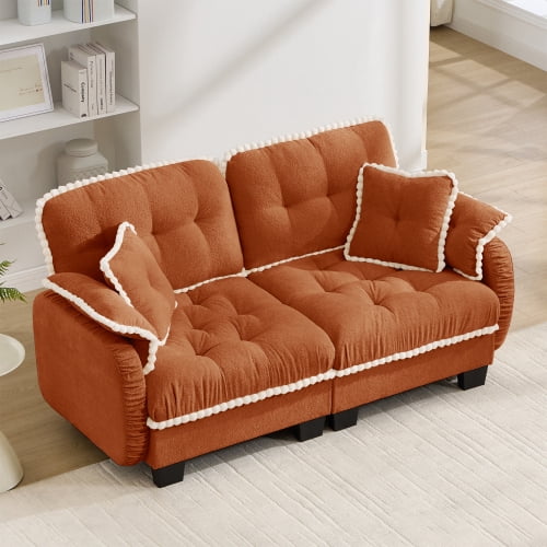 Anpport Modern Aesthetic Orange 2-Seater Sofa, Quilted Tufted Couch with Pom-Pom Trim, Includes 4 Throw Pillows for Small Space, Apartment, Office & Living Room