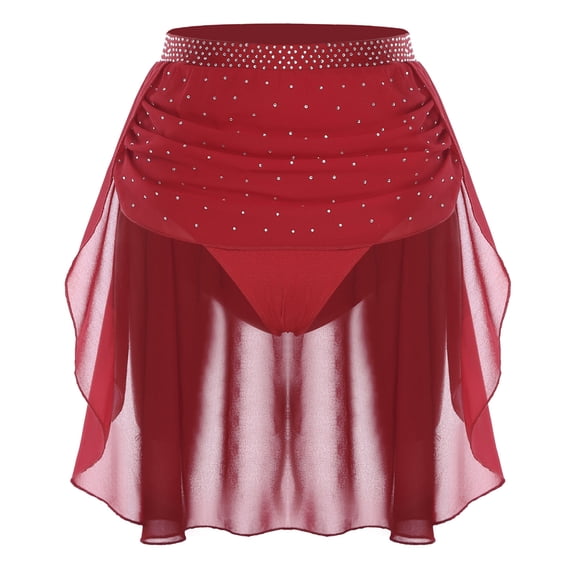 TiaoBug Women's Rhinestone Lyrical Ballet Dance Skirts Flowy Hem High Low Skirt Figure Skating Dancewear Bottoms Burgundy XXL