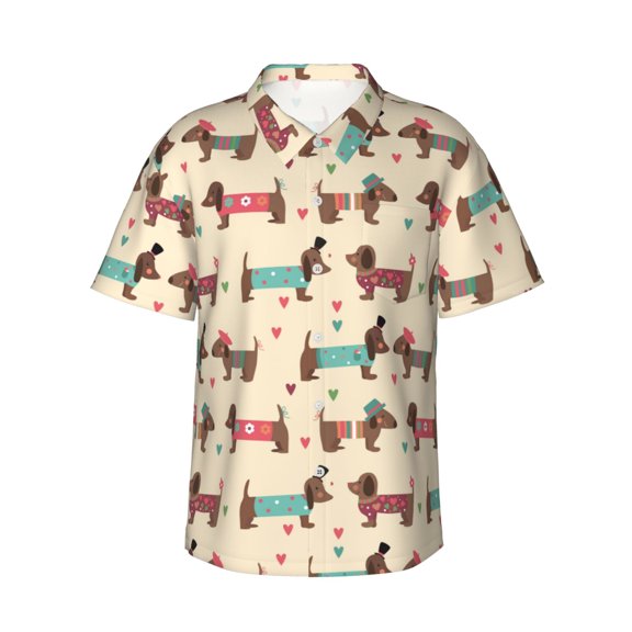 Fotbe Dachshund Dog Puppy Hawaiian Shirt for Men Unisex Summer Beach Casual Short Sleeve Cotton Linen Button Down Shirts-XX-Large