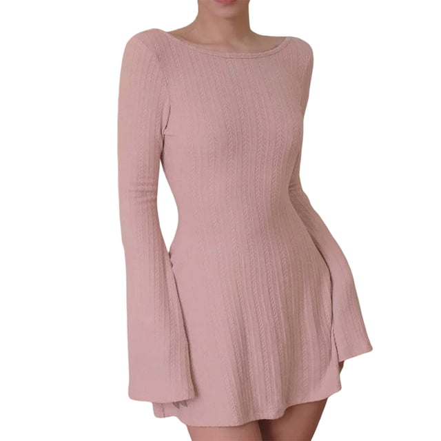 xiaxaixu Robes Mini pour Femmes 2023 à Manches Longues Col Ras du Cou Dos Nu Robe Trapèze Unie pour Fête Boîte de Nuit