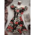 thumbnail image 3 of Disfraz de calavera con mangas abullonadas y cordón, vestido informal de una pieza de terror, disfraz de Halloween con sonrisa, falda corta, ropa hawaiana bohemia, 3 of 5